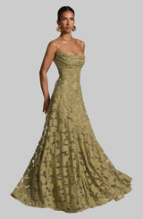 Damen Langes Kleid mit Blumenmuster Spaghettiträgern offenem Rücken und Schnürung – Olivgrün