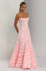 Damen Maxikleid mit Wasserfallausschnitt Spaghettiträgern Blumenmuster und Schnürung am Rücken – Rosa