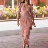Damen langes Kleid mit V-Ausschnitt und Fransenrock – Rosa
