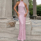 Damen langes Neckholderkleid mit Paillettenoberfläche – Rosa