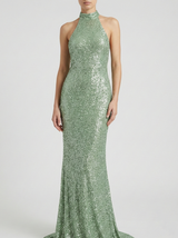 Damen langes Neckholderkleid mit Paillettenoberfläche – Grün