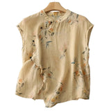 Damen leinen-Bluse mit Stehkragen, asymmetrischer Knopfleiste und floralem Muster – Beige