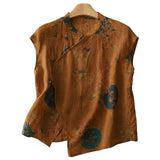 Damen leinen-Bluse mit Stehkragen, asymmetrischer Knopfleiste und floralem Muster – Braun