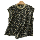 Damen leinen-Bluse mit Stehkragen, asymmetrischer Knopfleiste und floralem Muster – Schwarz