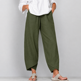Damen leinen Weite Cropped-Hose mit Geschwungenem Saum – Grün