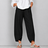 Damen leinen Weite Cropped-Hose mit Geschwungenem Saum – Schwarz