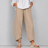 Damen leinen Weite Cropped-Hose mit Geschwungenem Saum – Beige