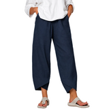Damen leinen Weite Cropped-Hose mit Geschwungenem Saum – Marineblau