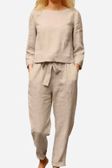 Damen Zweiteiler Set mit Rundhalsausschnitt – Beige