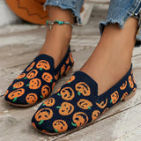Damen Loafer mit perforierter Oberfläche und quadratischem Zehenbereich – Dunkelblau mit Kürbismuster