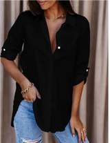 Damen Locker Geschnittene Bluse mit Langarm und Kragen – Schwarz