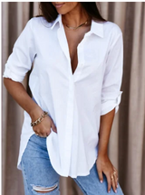 Damen Locker Geschnittene Bluse mit Langarm und Kragen – Weiß