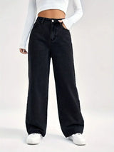 Damen Wide Leg Jeans mit Hohem Bund – Schwarz