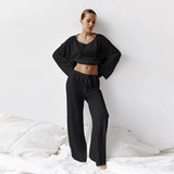 Damen Loungewear-Set mit langärmligem Oberteil Rundhalsausschnitt und weiter Hose – Schwarz