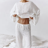 Damen Loungewear-Set mit langärmligem Oberteil Rundhalsausschnitt und weiter Hose – Weiß