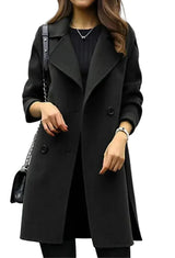 Damen Mantel in Midilänge mit doppelter Knopfleiste und Revers – Schwarz
