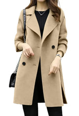 Damen Mantel in Midilänge mit doppelter Knopfleiste und Revers – Beige