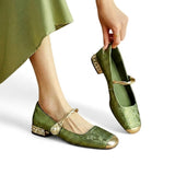 Damen-Mary-Jane-Schuhe mit floralem Muster und verzierten Blockabsätzen – Grün