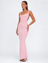 Damen Maxi Kleid mit Cowl Ausschnitt breiten Schulterträgern und geradem Saum – Rosa