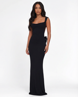 Damen Maxi Kleid mit Cowl Ausschnitt breiten Schulterträgern und geradem Saum – Schwarz