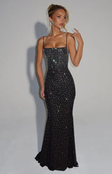 Damen Maxi Kleid mit geradem Ausschnitt Spaghettiträgern und Strassstein Besatz – Schwarz