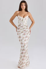 Damen Maxi Kleid mit Herzausschnitt Spaghettiträgern Bindeverschluss und floralem Muster – Weiß mit Blumenmuster