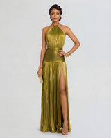 Damen Maxi Kleid mit Neckholder Ausschnitt und Beinschlitz – Grün
