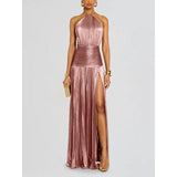 Damen Maxi Kleid mit Neckholder Ausschnitt und Beinschlitz – Rosa