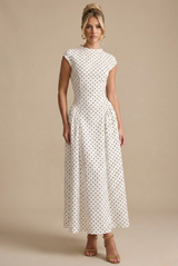 Damen Maxi-Kleid mit Rundhalsausschnitt und Polka-Dot-Muster – Weiß