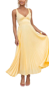 Damen Maxi Kleid mit V-Ausschnitt und offenem Rücken – Gelb