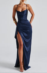 Damen Maxi-Kleid mit V-Ausschnitt und Spaghettiträgern mit Schnürung hinten und seitlichem Schlitz – Marine