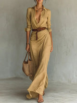 Maxikleid für Damen mit tiefem V-Ausschnitt und langen Ärmeln – Beige
