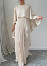 Damen Maxikleid mit Asymmetrischem Cape-Überwurf Plisseerock und Rundhals – Beige