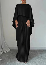 Damen Maxikleid mit Asymmetrischem Cape-Überwurf Plisseerock und Rundhals – Schwarz