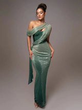 Damen Maxikleid mit asymmetrischem Schulterdesign und Drapierung – Grün