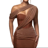 Damen Maxikleid mit asymmetrischem Schulterdesign und Drapierung – Braun