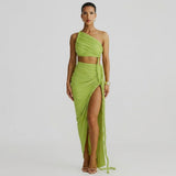 Damen-Maxikleid mit asymmetrischer Ein-Schulter-Form und Raffungen – Grün