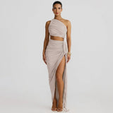 Damen-Maxikleid mit asymmetrischer Ein-Schulter-Form und Raffungen – Grau