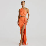 Damen-Maxikleid mit asymmetrischer Ein-Schulter-Form und Raffungen – Orange