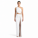 Damen-Maxikleid mit asymmetrischer Ein-Schulter-Form und Raffungen – Weiß