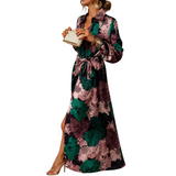 Damen Maxikleid mit Blumenmuster, Kragen und Bindegürtel – Dunkelgrün