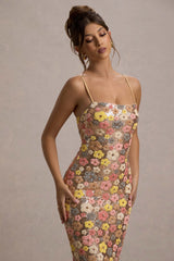Damen Maxikleid mit Blumenmuster Paillettenoberfläche Spaghettiträgern und Geradem Ausschnitt – Beige