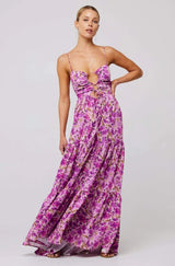 Damen Maxikleid mit Blumenmuster und Aussparungen mit Stufenrock und Spaghettiträgern – Lila mit Blumenmuster