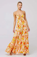 Damen Maxikleid mit Blumenmuster und Aussparungen mit Stufenrock und Spaghettiträgern – Orange mit Blumenmuster