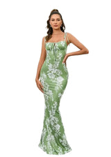 Damen Maxikleid mit Blumenmuster und Bindeträgern – Grün