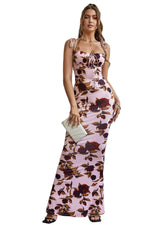 Damen Maxikleid mit Blumenmuster und Bindeträgern – Rosa