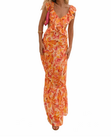 Damen Maxikleid mit Blumenmuster und Rüschendetails – Orange