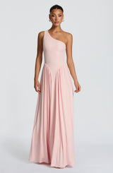 Damen Maxikleid mit Einschulter Ausschnitt und Gerafften Paneelen an der Hüfte – Rosa