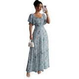 Damen-Maxikleid mit Flatterärmeln, Herzausschnitt und Blumenmuster – Blau
