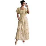 Damen-Maxikleid mit Flatterärmeln, Herzausschnitt und Blumenmuster – Gelb
